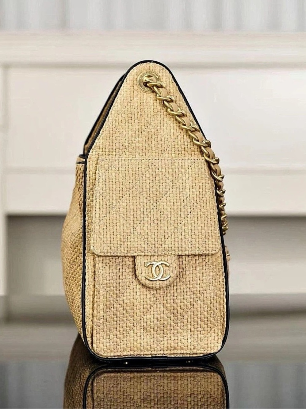 CC Raffia Drawstring 25 Mini Bucket Bag Tan - Picture 4 of 7
